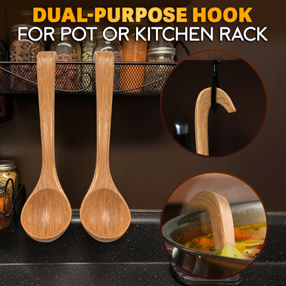 2 Pcs Wooden Ladle for Soup – 10.8×2.8" Bamboo Soup Ladle for Stews and Sauces with Deep 2.7 fl oz Capacity & Lacquer-Coated Finish – Wooden Cooking Spoons with Hook Handles for Kitchen & Catering