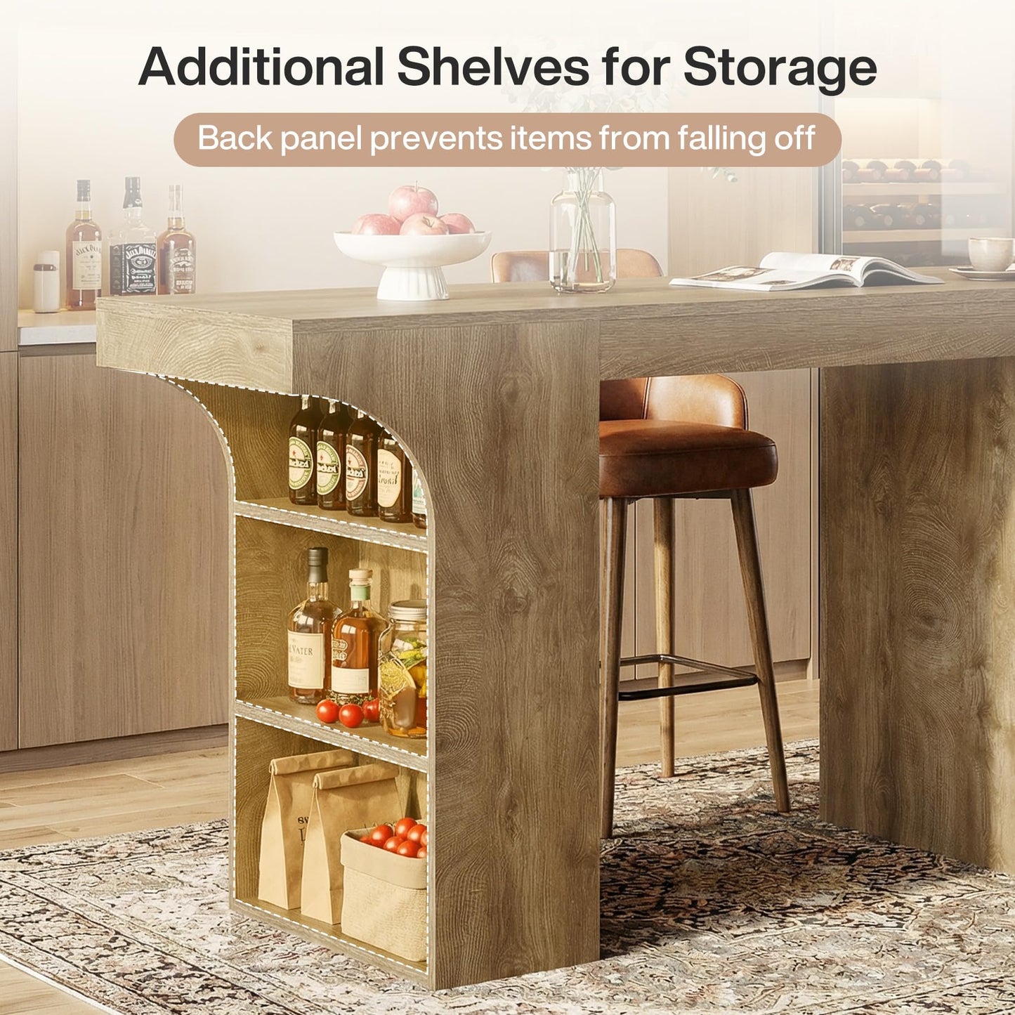 Tribesigns Bar Height Table with Storage Shelves, 63-Inch Counter Height Pub Table, Rectangular High Top Tables for Dining Room, Kitchen, Bistro, Balcony, Brown