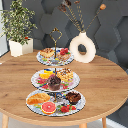Three-Tier Diamond Painting Wooden Cake Stand DIY Sunflower Diamond Painting Cupcake Towel-Lined Tiered Tray Reusable Pastry Stand (Little Bird)