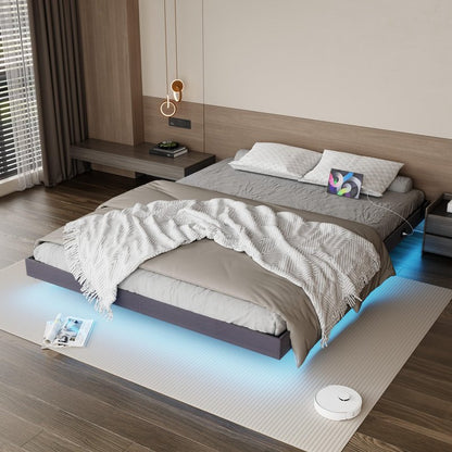 Muluflower Floating Bed Frame Full Size with LED Lights and Charging Station, Grey Linen Metal Platform Bed Frame, Easy Assembly, No Box Spring Needed (Full)