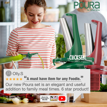 Poura Oil and Vinegar Dispenser Spouts | Airtight ClickSeal BPA Free Bottle Pourers Keeps Oil Fresh with Built-in Caps | Use Your Own Bottles as Vinegar Dispensers | Dishwasher Safe