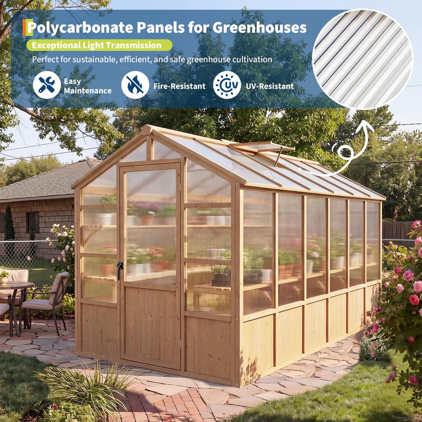 GarveeLife 6'x12' Wooden Greenhouse for Outdoor, Large Walk-in Greenhouse Kit with Ventilated Window, Door & Polycarbonate Panels, Heavy Duty Wood Frame Green House for Patio Garden Backyard