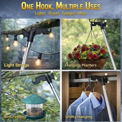 6-24 FT Christmas Light Telescopic Hanger Pole with Utility Hook, Stand Reach 30 Feet Long 3/4 inch Threaded Pole Reaching High Place for Hanging and Installation Lights String, Clothes and Birdfeeder
