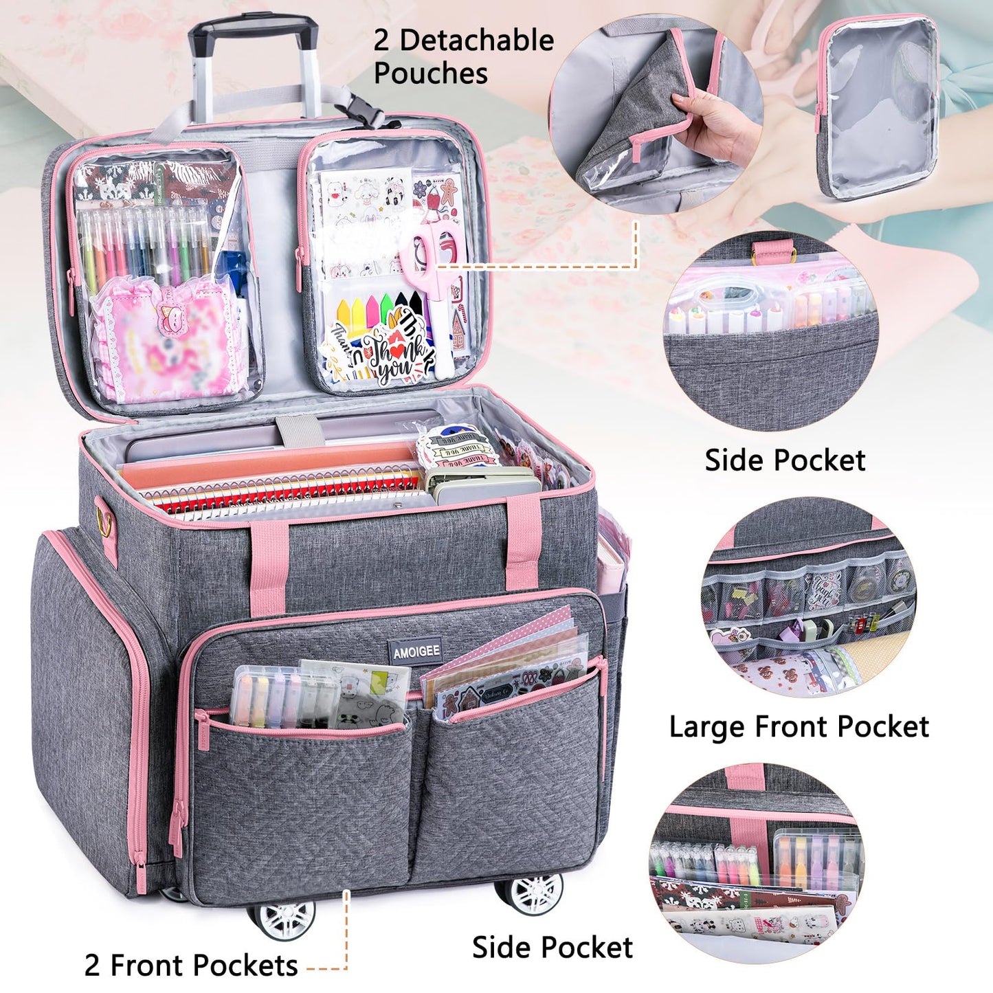AMOIGEE Rolling Tote Bag with Wheels and Handle, Sewing Machine Case, Craft Organizer Tote for Scrapbooking Storage, Teacher Rolling Bag, Craft Supply Storage, Art Bag, Rolling Cart for Teachers