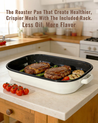 MCCSI Roasting Pan for Oven with Rack 6-Piece Enamel Lasagna Baking Dishes Set 14&17 Inch, 572°F High Temperature Resistance Dishwasher Safe Non-Stick Deep Turkey Roaster Pan Mothers Day Gift Bakeware