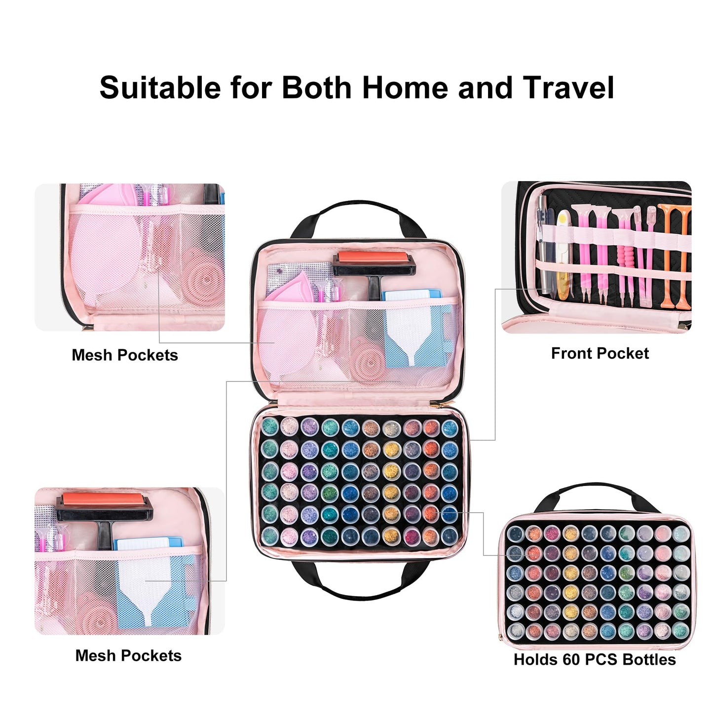 Leudes Diamond Painting Storage Containers, 60 Slots Bead Storage Box for Diamond Art Kits Accessories Organizer Case (Only Bottles and Bag) (Black-2(60 Jars))
