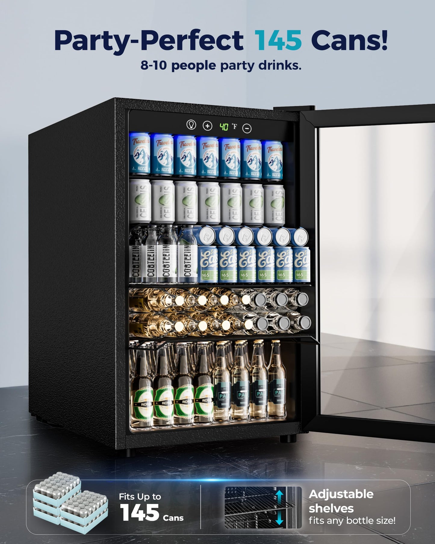 EUHOMY 4.5 Cu.ft Beverage Refrigerator and Cooler, 145 Can Mini fridge with Glass Door for Soda Beer Wine, Small Drink Dispenser with Digital Adjustable Thermostat for Home Office Bar