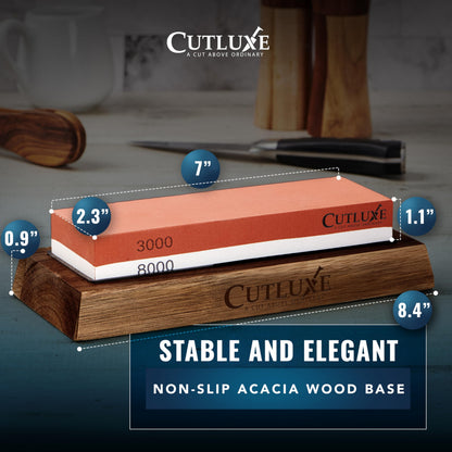 Cutluxe Whetstone Knife Sharpener – Sharpening Stone Kit, Professional 4 Side Grit 400/1000/3000/8000, Non Slip Acacia Wood Base, Angle Guide, Black Flattening Stone, Leather Strop