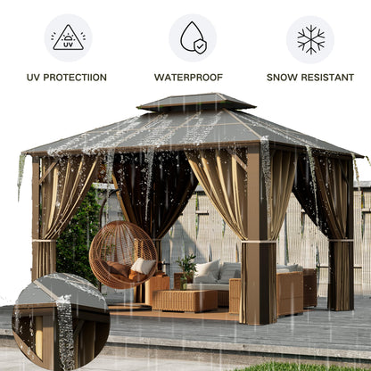 Patio Kingdom 10'x12' Hardtop Gazebo with Double Polycarbonate Roof, All Weather Aluminum Frame Outdoor Pavilion with Curtains and Netting, UV Protection for Patio, Lawn & Garden