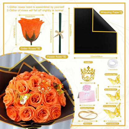 CCYXSHOW Orange Glitter Flowers Bouquet, Fake Roses Bouquet 16 Pcs DIY Glitter Rose Bouquet Kits Birthday Gifts for Women Mom Mothers Day Anniversary Graduation