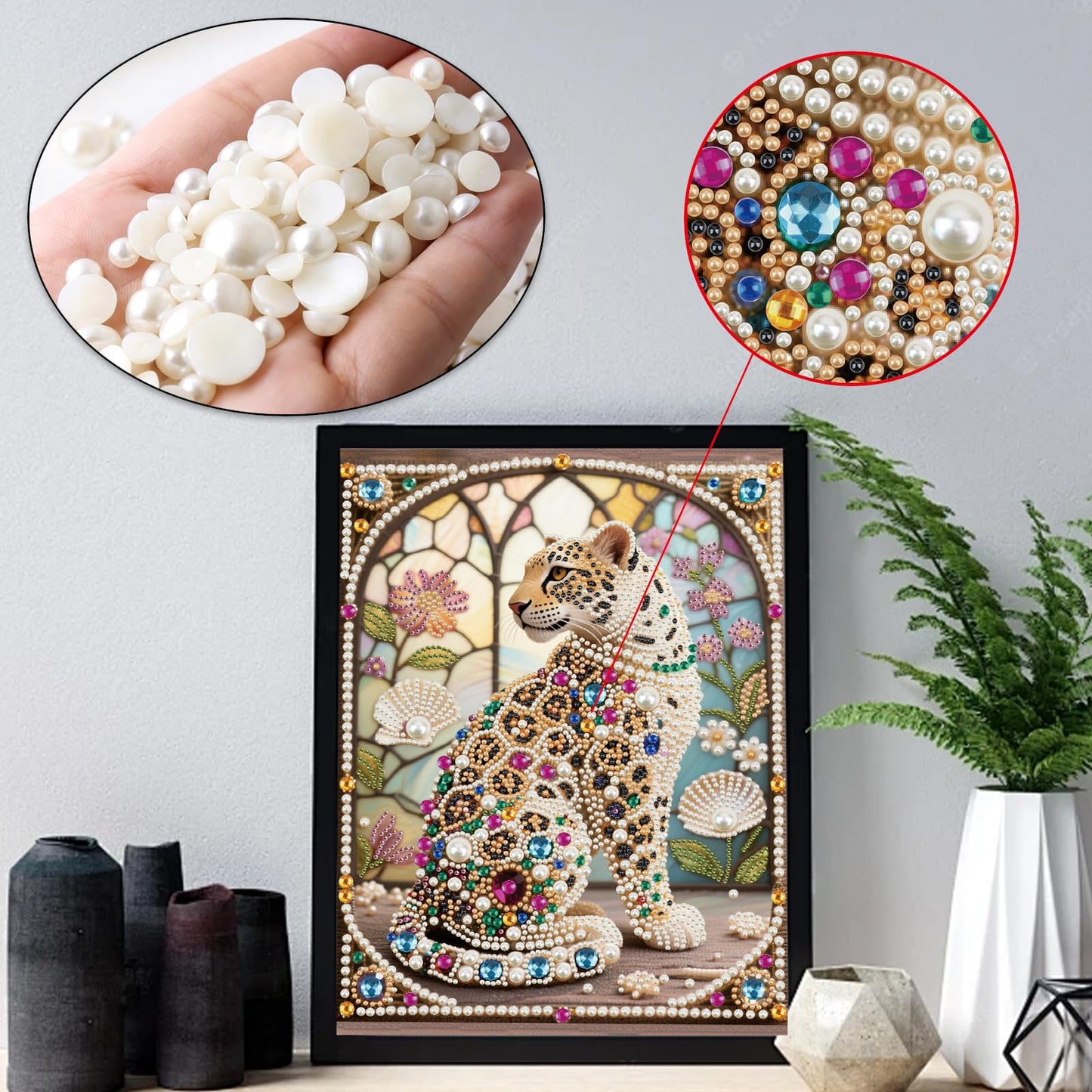 WSLWXSHM Pearl Diamond Painting Kits for Adults Leopard, 5D Special Shape Diamond Art Kits for Beginners, Crystal Rhinestones Diamond Painting for Home Wall Decoration Gift 12×16inch/30×40cm Animal
