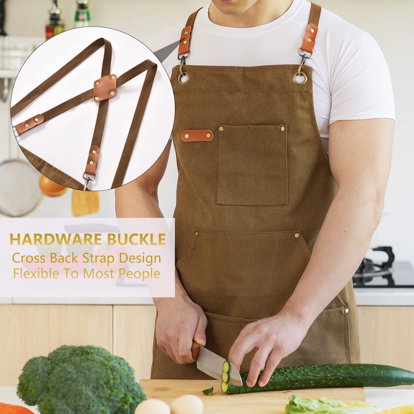 Aoomzoon Canvas Aprons for Men Chef Apron, Work Apron with Large Pockets - Durable 16oz Heavy Duty Cross Back, BBQ, Cooking (Brown, 1 Pack)