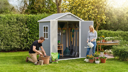 AIRAJ 6x4 FT Outdoor Storage Shed,Resin Storage Shed with Floor/Window/Vent/Roof Rainwater Drainage/Lockable Door,All-Weather Plastic Garden Sheds,for Yard,Garden,Poolside,Lawn Mower,Seasonal Items