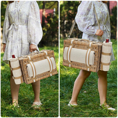 G GOOD GAIN Picnic Basket for 2-19Pcs Wicker Picnic Set with Waterproof Blanket & Wine Bag| Large Picnic Hamper with Insulated Cooler & Cutlery Kit for Couples Camping,White Flower