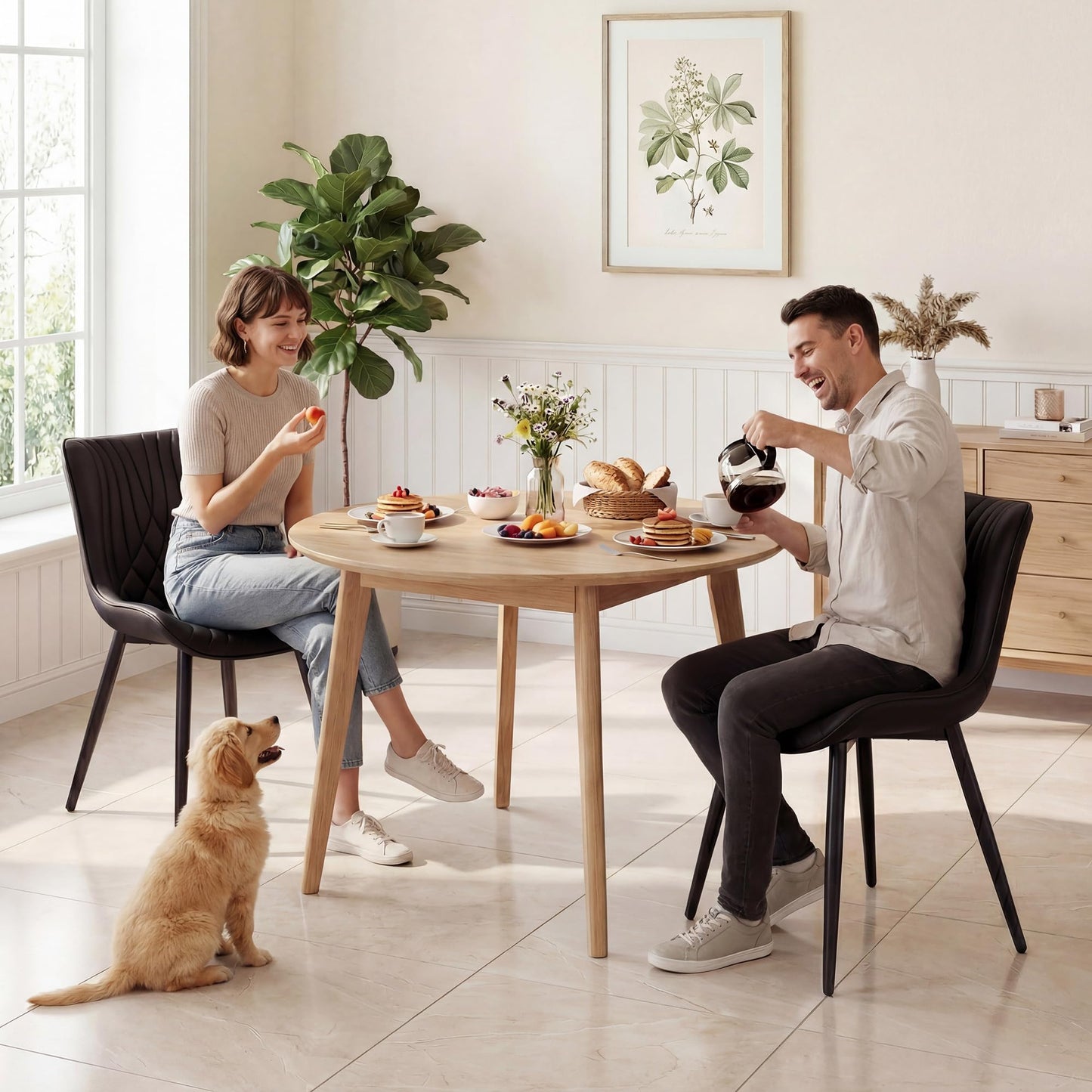 YOUTASTE Black Dining Chairs Set of 2 Mid Century Modern Kitchen&Dining Room Chairs Armless Upholstered Faux Leather Accent Chairs with Back Metal Vanity Lounge Side Chair for Living Room Bedroom