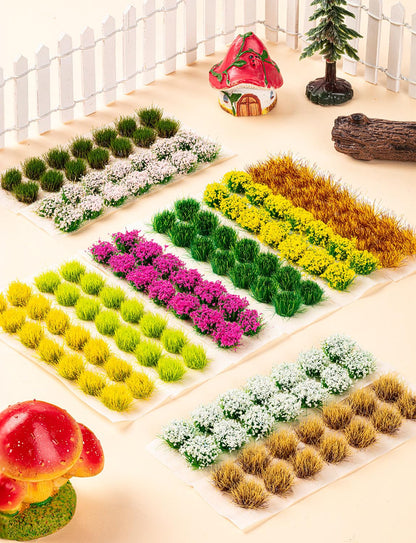 HFKPJRT 140 Pcs Static Grass Tufts & Miniature Flowers Cluster for Crafts, Diorama Supplies & Terrain Model Kit, Artificial Model Grass for Fairy Garden Accessories, Train Railroad Scenery