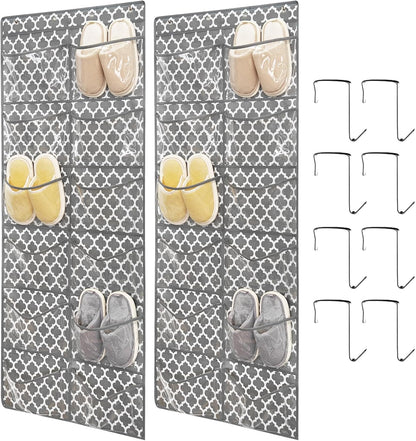 Clear Crystal 2 Pack 12 Pockets Large Hanging Shoe Organizer Over The Door Rack for Closet Door Storage, 8 Hooks, White