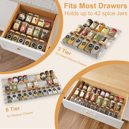 Brippo Expandable Spice Drawer Organizer Insert, 6-Pack Kitchen Adjustable Seasoning Rack Tray (13" to 26"), Clear Acrylic with Anti-Slip Mat, for Cabinet Countertop (Jars Not Included)