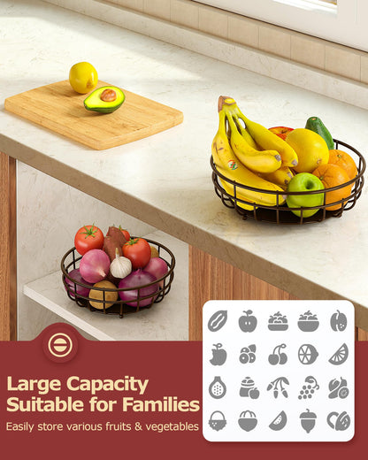 Sevenblue 2 Tier Large Fruit Basket for Kitchen Counter with Removable Banana Hanger - Sturdy Iron Fruit Bowl for Kitchen Counter and Vegetable Holder, Brown, Extra Large