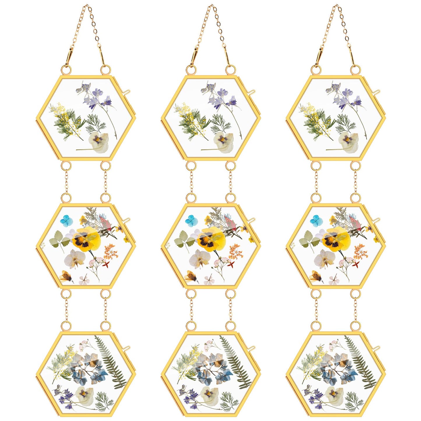 Marsui 3 Set Double Glass Frame Collage For Pressed Flowers with 9 Pcs 4 x 3 Inch Openings Gold Hanging Glass Floating Photo Frames for Artwork Display Photo Modern Home Wall Decor