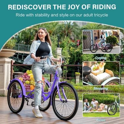 MOPHOTO Adult Tricycle 7 Speed, 20/24/26 Inch Low Step-Through Adult Trike with Large Rear Basket, 350 lbs Capacity 3 Wheel Bike for Seniors, Women and Men