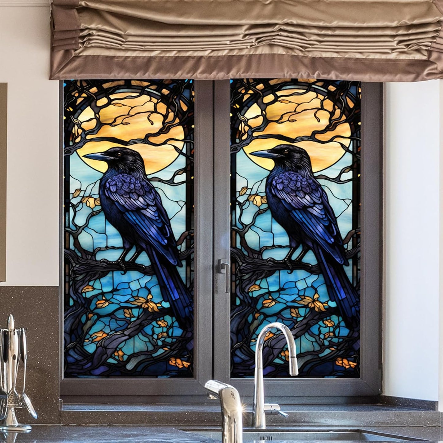 Window Privacy Film, Crow Stained Glass Window Film, Frosted Glass Cling, Heat Blocking Static Cling, 17.7"x39.5"
