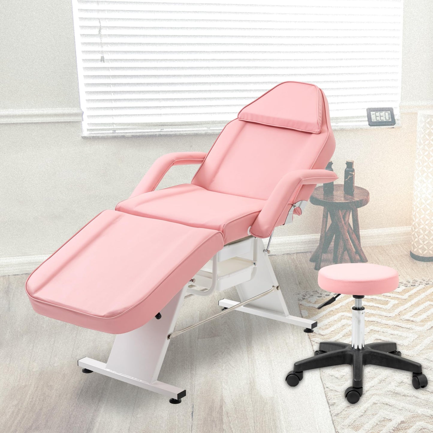 KEIKI Massage Salon Tattoo Chair Esthetician Bed with 2 Tray, Hydraulic Stool, Wide Leg Multi-Purpose 3-Section Facial Bed Table with Adjustable Barber Spa Beauty Equipment, Easy Assembly, Pink