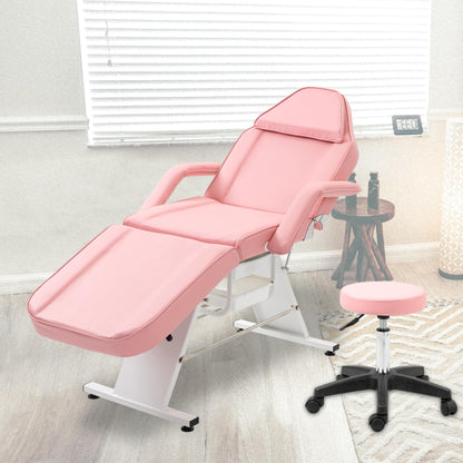 KEIKI Massage Salon Tattoo Chair Esthetician Bed with 2 Tray, Hydraulic Stool, Wide Leg Multi-Purpose 3-Section Facial Bed Table with Adjustable Barber Spa Beauty Equipment, Easy Assembly, Pink