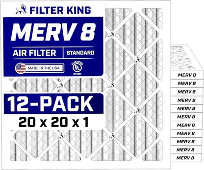 Filter King 20x20x1 Air Filter - MERV 8 Dust & Allergy Control | 12-Pack Pleated HVAC Filters