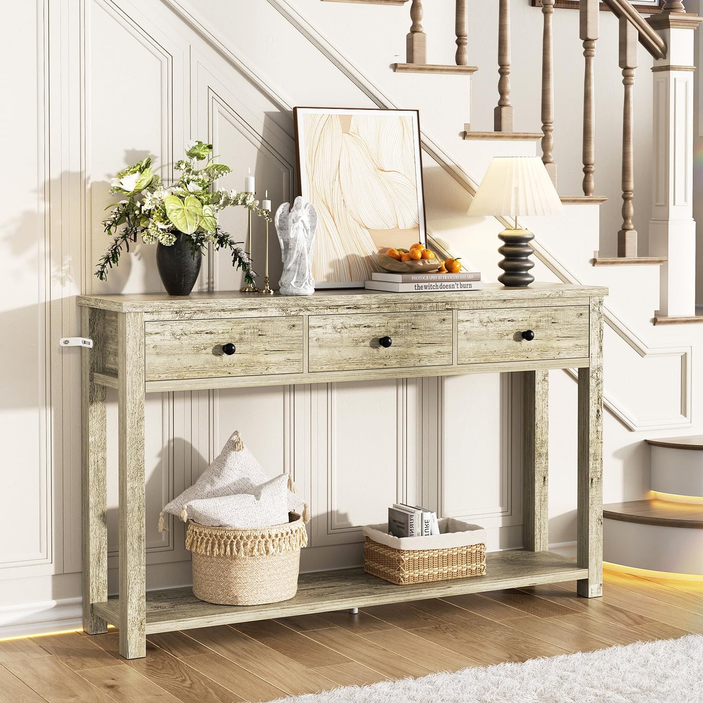 Homieasy Farmhouse Console Table with 3 Drawers, 47 Inch Wood Sofa Table with Storage Shelf for Living Room, Behind Couch, Entryway Table for Hallway, Living Room, or Foyer, Light Rustic Oak
