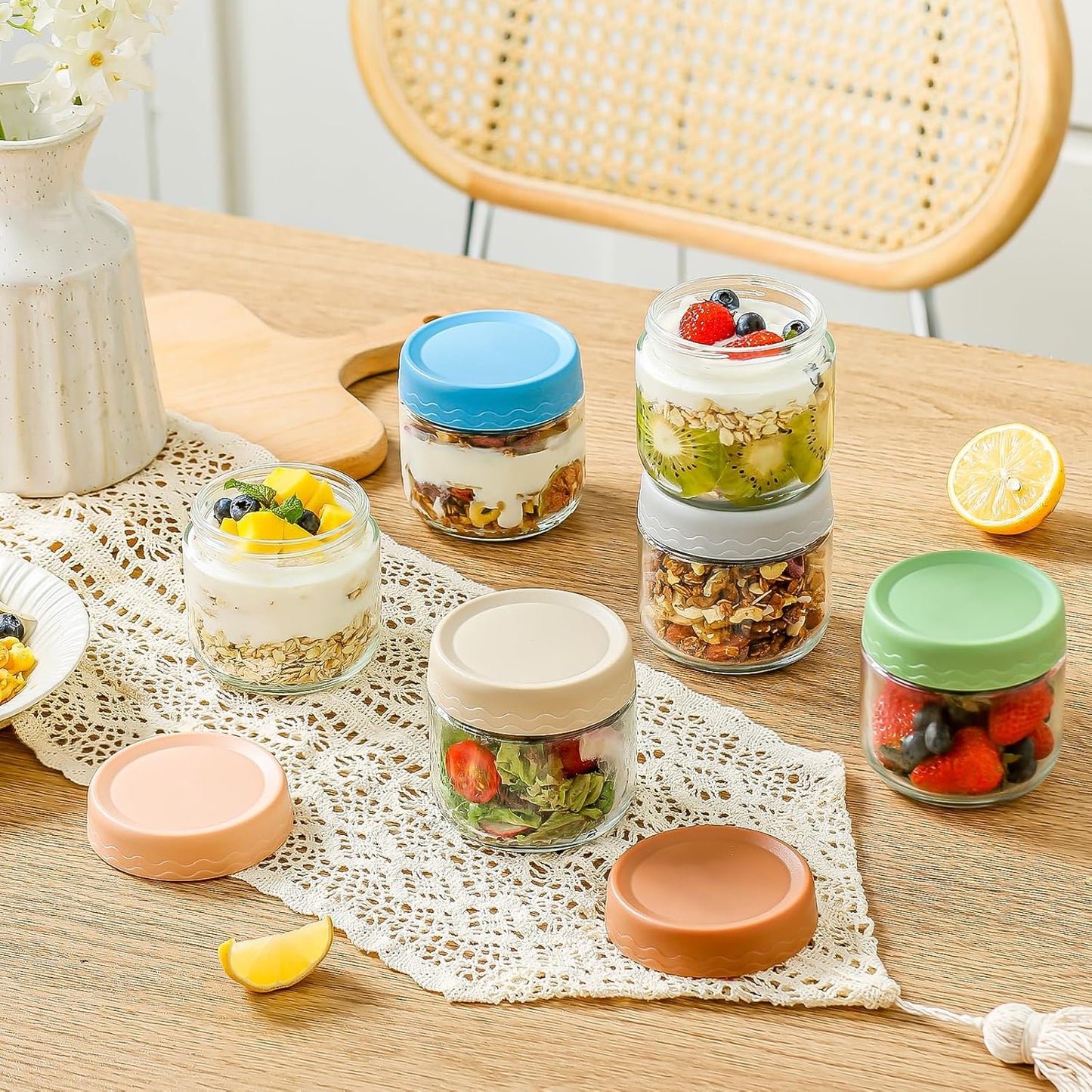 DRKIO 10 Oz Overnight Oats Containers with Lids, 6 Pack Glass Storage Jars for Meal Prep, Snacks, Yogurt