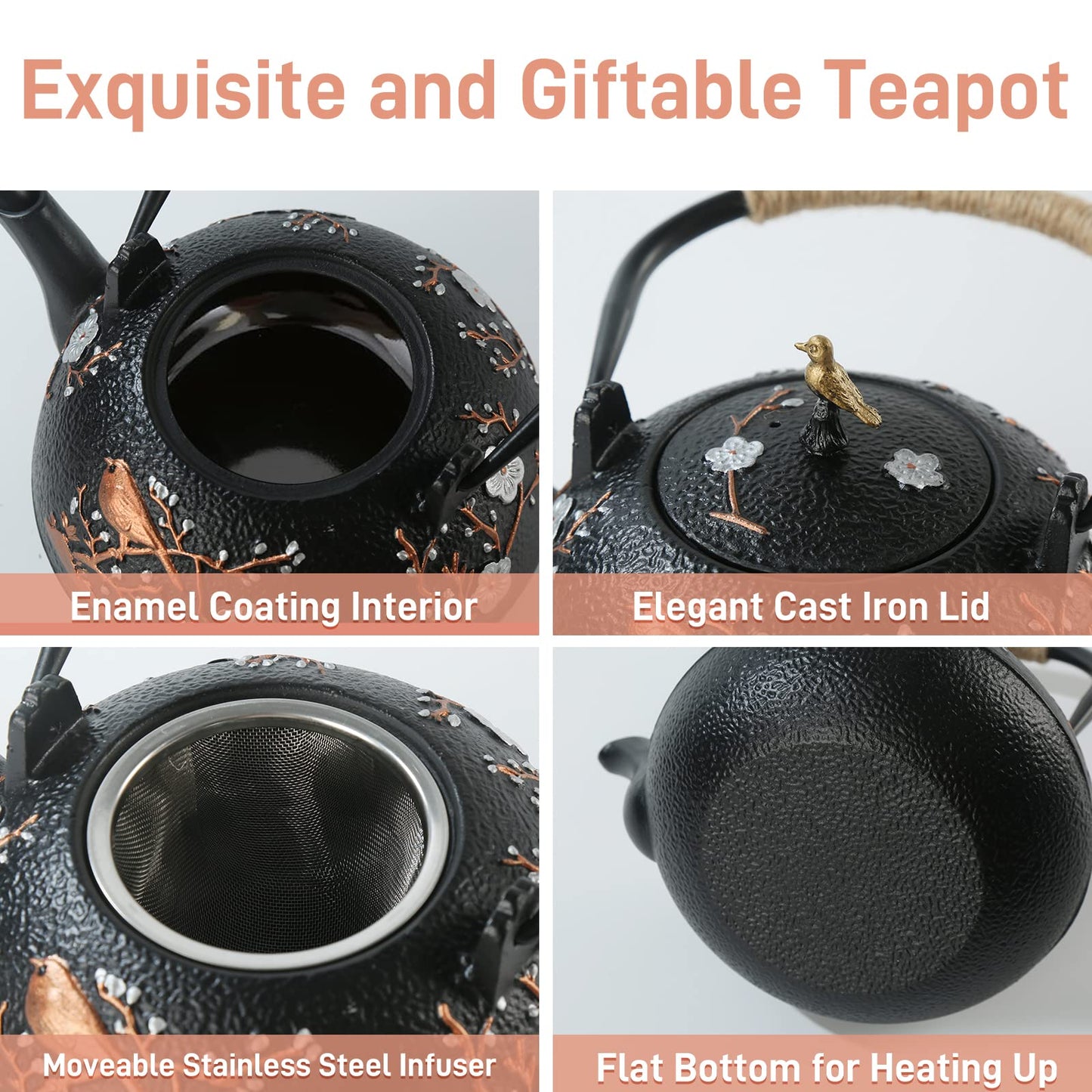 Cast Iron Teapot SECHUDO Teapot for Stovetop Safe Coated with Enameled Interior,Japanese Beautiful Tea Kettle with Stainless Steel Infuser for Loose Tea (40.6oz/1200ml)