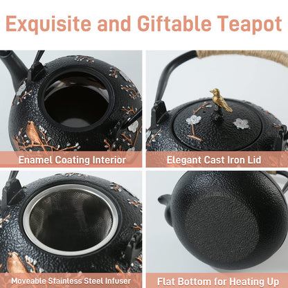 Cast Iron Teapot SECHUDO Teapot for Stovetop Safe Coated with Enameled Interior,Japanese Beautiful Tea Kettle with Stainless Steel Infuser for Loose Tea (40.6oz/1200ml)
