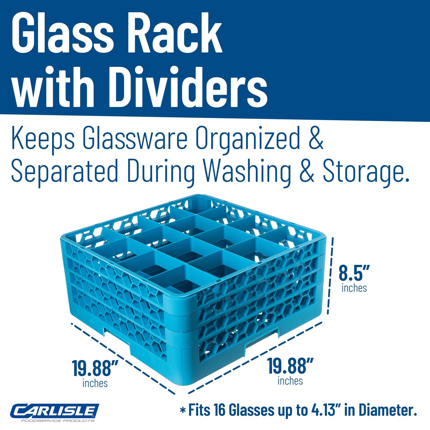 Carlisle FoodService Products Opticlean Glass Rack 16 Compartments with 3 Extenders for Kitchens and Restaurants, Plastic, 19.875 x 19.875 x 8.5 Inches, Carlisle Blue, (Pack of 2)