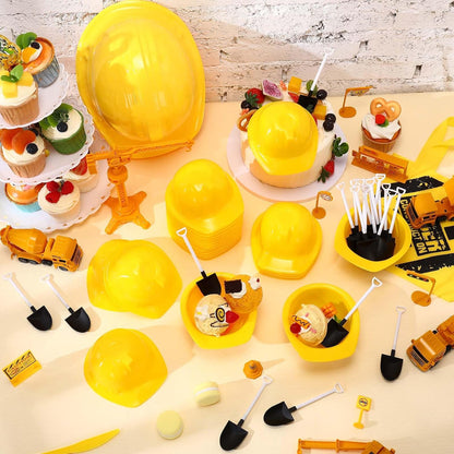 12 Sets 8 oz Uiifan Construction Ice Cream Bowls with Shovel Spoons, Plastic Helmet Dessert Cups Snack Bowls