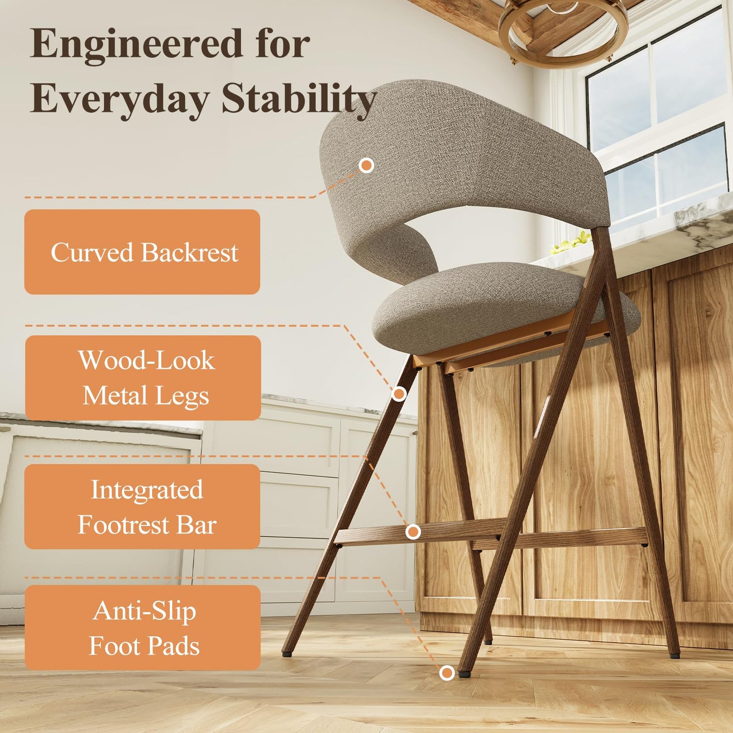 COLAMY Bar Stools Set of 4, 26" Counter Height Barstools with Backs, Modern Upholstered Bar Chairs with Metal Legs for Kitchen Island Counter, Dining Room, Taupe
