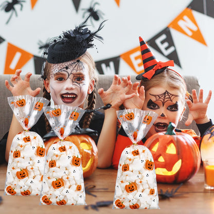 JarThenaAMCS 100Pcs Halloween Cellophane Bags with Twist Ties Ghost Pumpkin Treat Bag Clear Plastic Candy Goodie Bags for Birthday Party Favors Supplies