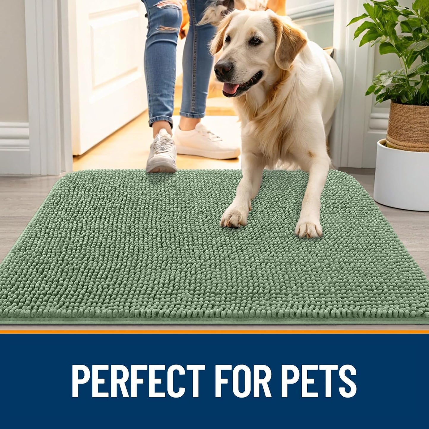 OLANLY Dog Door Mat - Absorbent Non-Slip Mud Mat for Muddy Paws | 59x24 Inches, Quick Dry Chenille, Olive Green