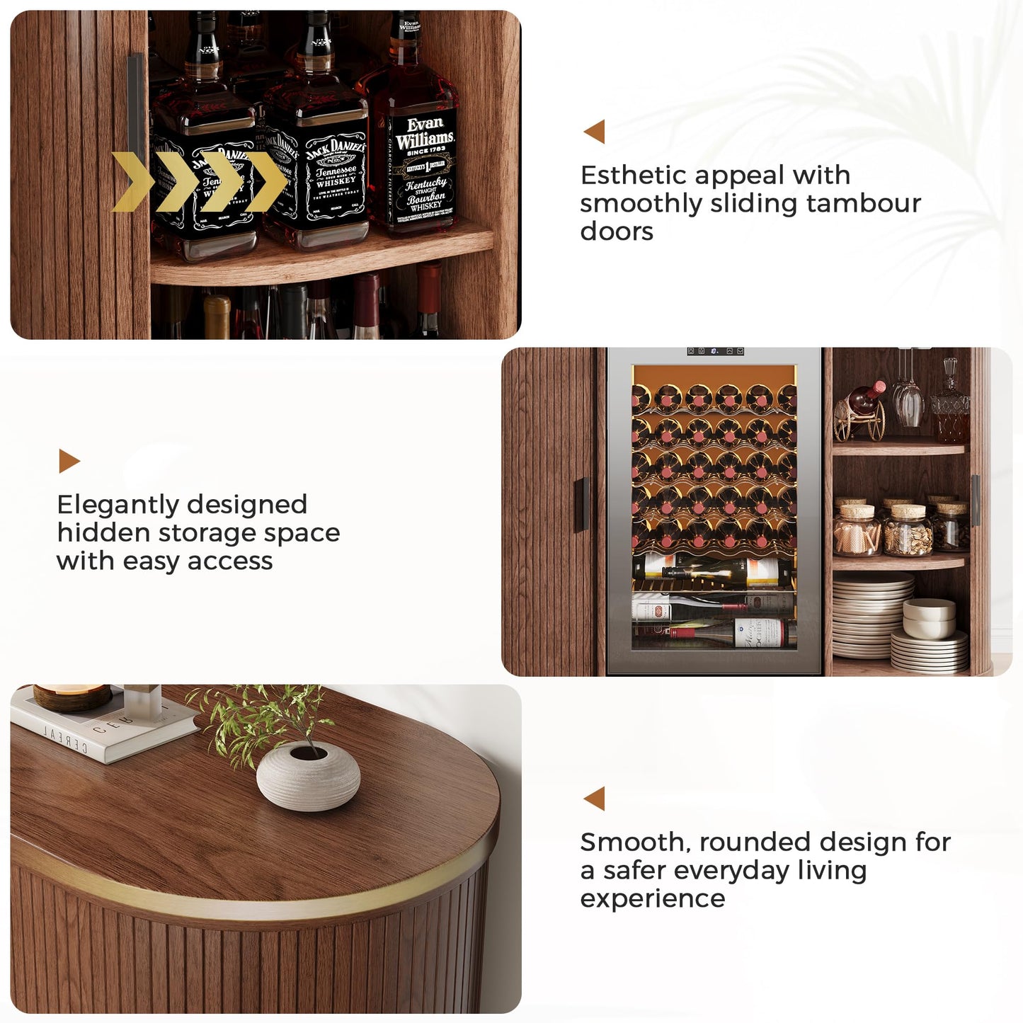 Jocoevol 53" Fluted Coffee Bar Cabinet with Sliding Doors, Wine Bar Cabinet with Charging Station & Glass Holder, Modern Liquor Whiskey Buffet Sideboard for Dining Room, Living Room, Kitchen (Walnut)