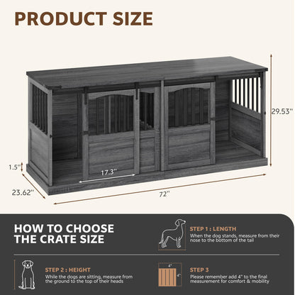 Homiflex 72" Double Dog Crate Furniture for 2 Medium Large Dogs Wooden Heavy Duty Dog Kennel Furniture with 2 Sliding Doors and Divider Decorative Dog Cage TV Stand End Table for Indoor, Grey