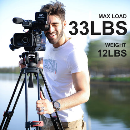 miliboo Heavy Duty Tripod Professional Video Tripod Fluid Head Tripod with Adjustable Damping, Photography Tripod for Large Equipment, Load 33 lbs, Included Ground Spreader, Aluminum MTT609A