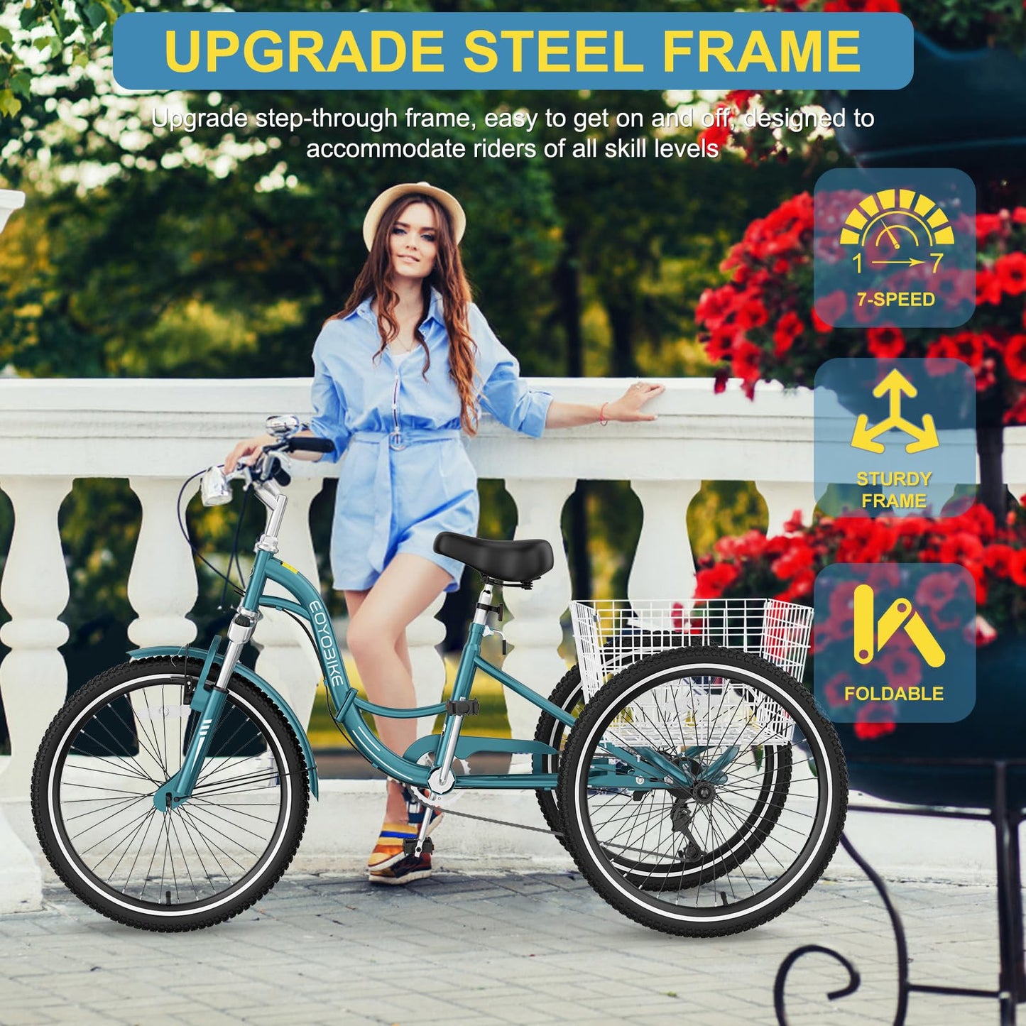 NAIZEA Folding Adult Tricycle - 7 Speed 20/24/26 Inch Folding Tricycle for Adult, 3 Wheel Bike, Foldable Trike with Large Basket/Low-Step Through for Men Women Senior