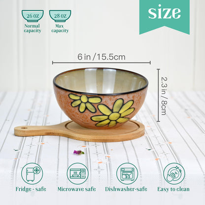 Ceramic Cereal Bowls Set of 6, Floral Design 6 inch – 28oz for Cereal, Salad, Soup, Dessert, or Snacks, Microwave, Dishwasher Safe
