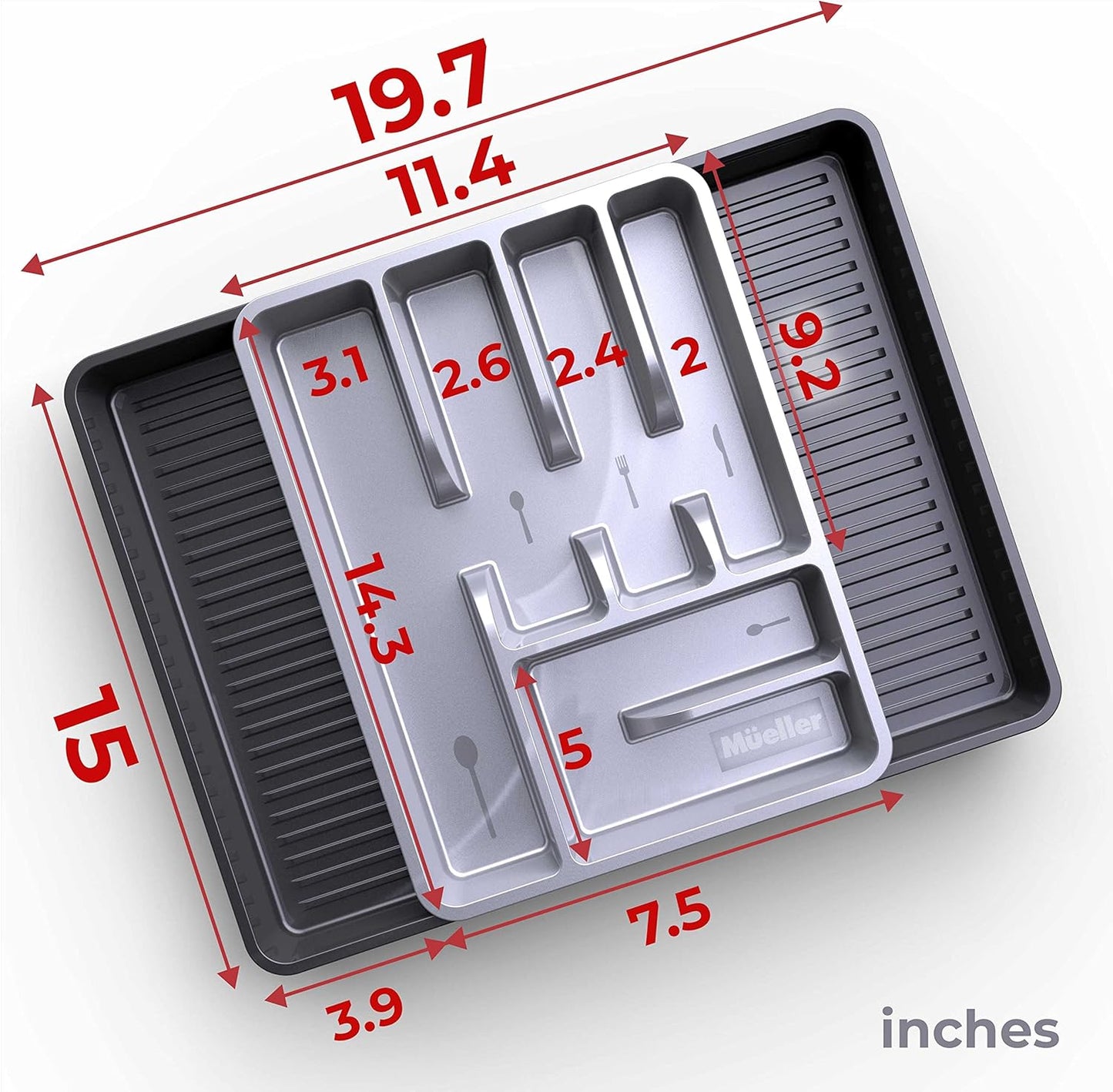 Mueller Flatware Kitchen Drawer Organizer, 19.7" x 15", Heavy-Duty Silverware Tray with 6 Compartments