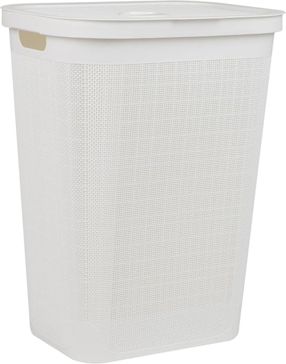 Mind Reader 60L Slim Laundry Hamper, Clothes Basket with Lid, Linen Design, Plastic, 18.25”L x 14.25”W x 23.5”H, White