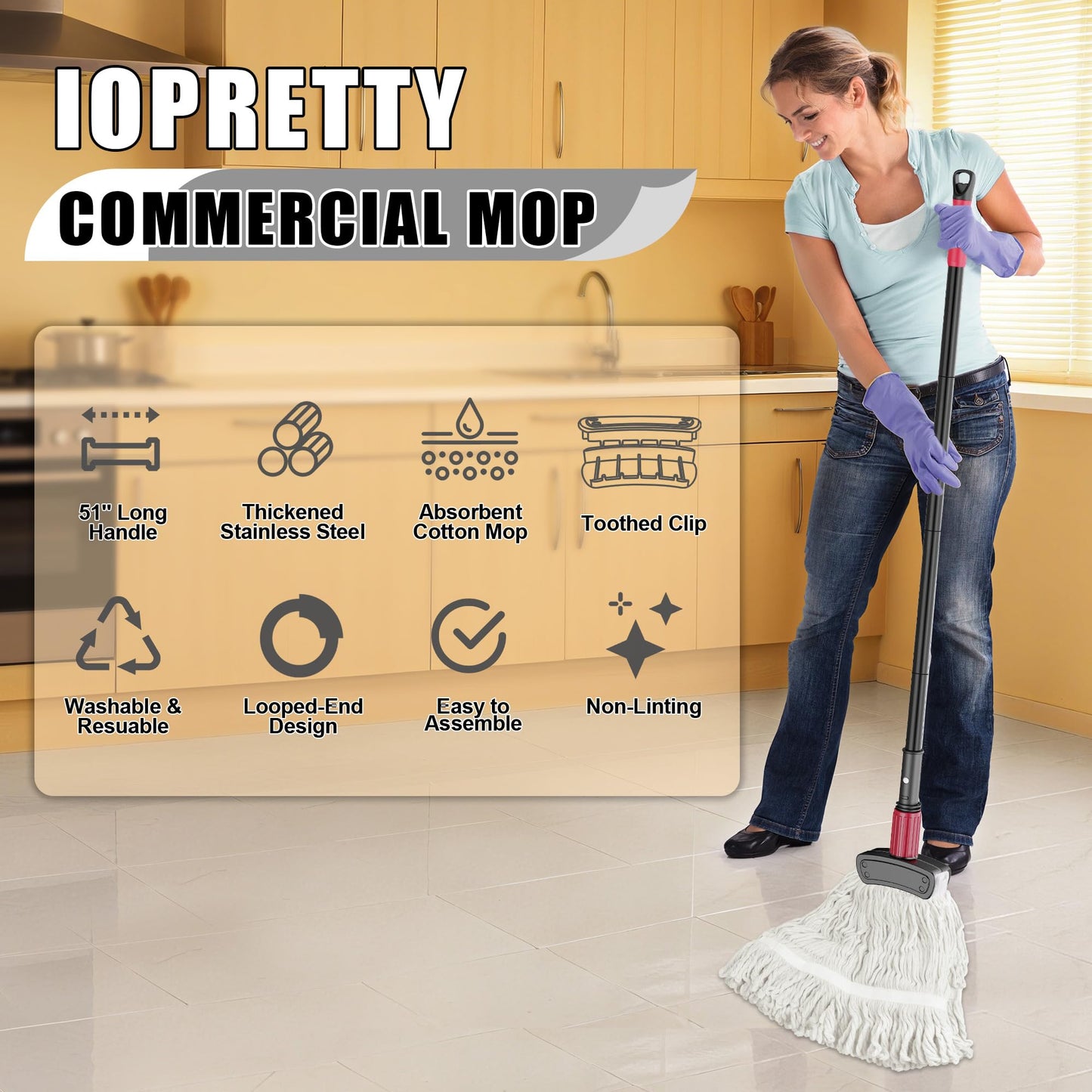 IOPRETTY Commercial Mops for Floor Cleaning - Looped-End Heavy Duty Wet Mop with Long Handle for Hardwood Wood Tile Vinyl - Reusable Cotton Head for Home Garage Kichen Bathroom