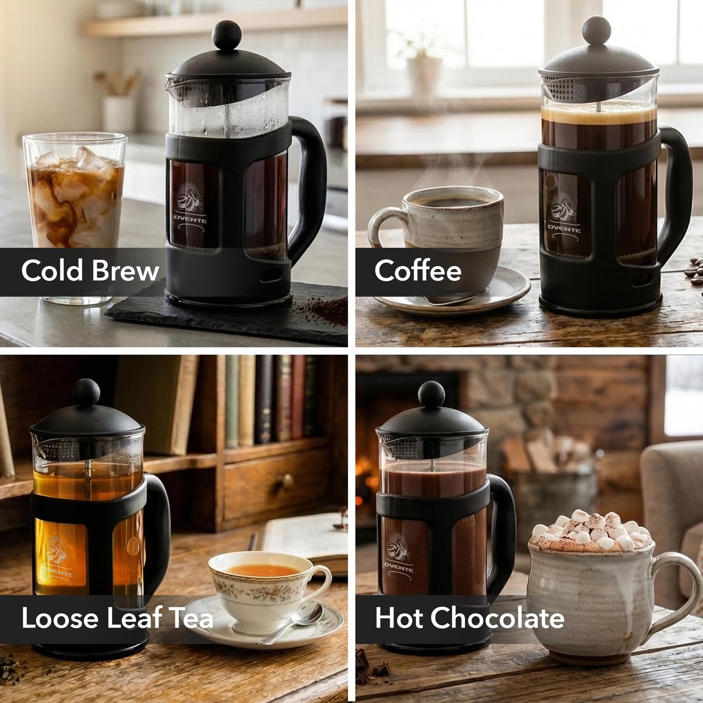 OVENTE French Press Coffee Maker 34 Ounce with Heat Resistant Borosilicate Glass & Stainless Steel 4-Level Filtration System, Portable Cold Brew Coffee Maker for Travel, Camping or Gift, Black FPT34B
