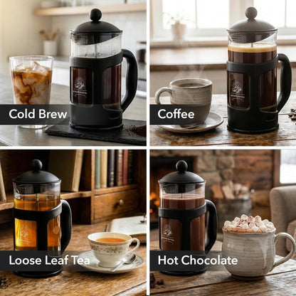 OVENTE French Press Coffee Maker 34 Ounce with Heat Resistant Borosilicate Glass & Stainless Steel 4-Level Filtration System, Portable Cold Brew Coffee Maker for Travel, Camping or Gift, Black FPT34B