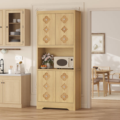 GarveeHome 72" Tall Pantry Cabinet with Carved Door, Kitchen Storage Cabinet with Shelf for Microwave, Freestanding Wooden Cupboard with Crystal Handle, for Dining Living Room, Light Oak