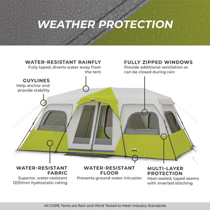 CORE 12 Person Instant Cabin Tent | Large 3 Room Family Pop Up Tent for 2 Minute Camp Setup | Included Storage Pockets for Camping Accessories